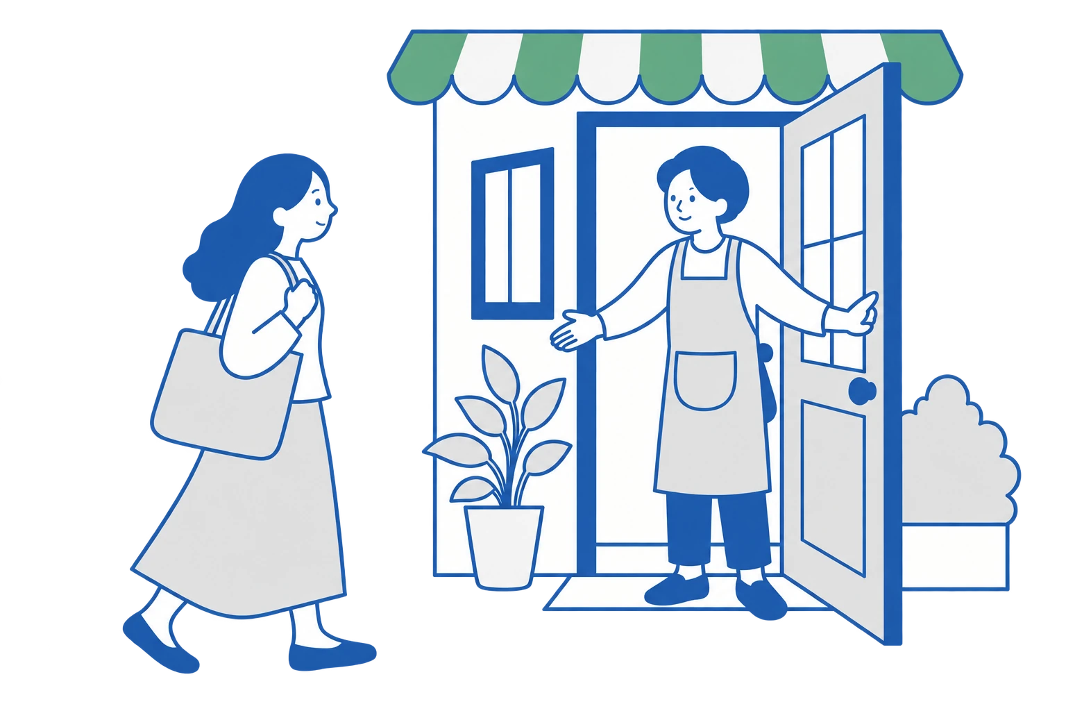 お店を訪れた人を迎える場面